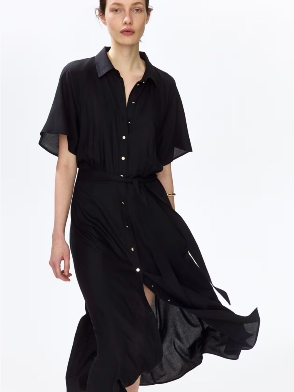 H&M Black Calf-Length Button-Front Tie-Belt Dress
